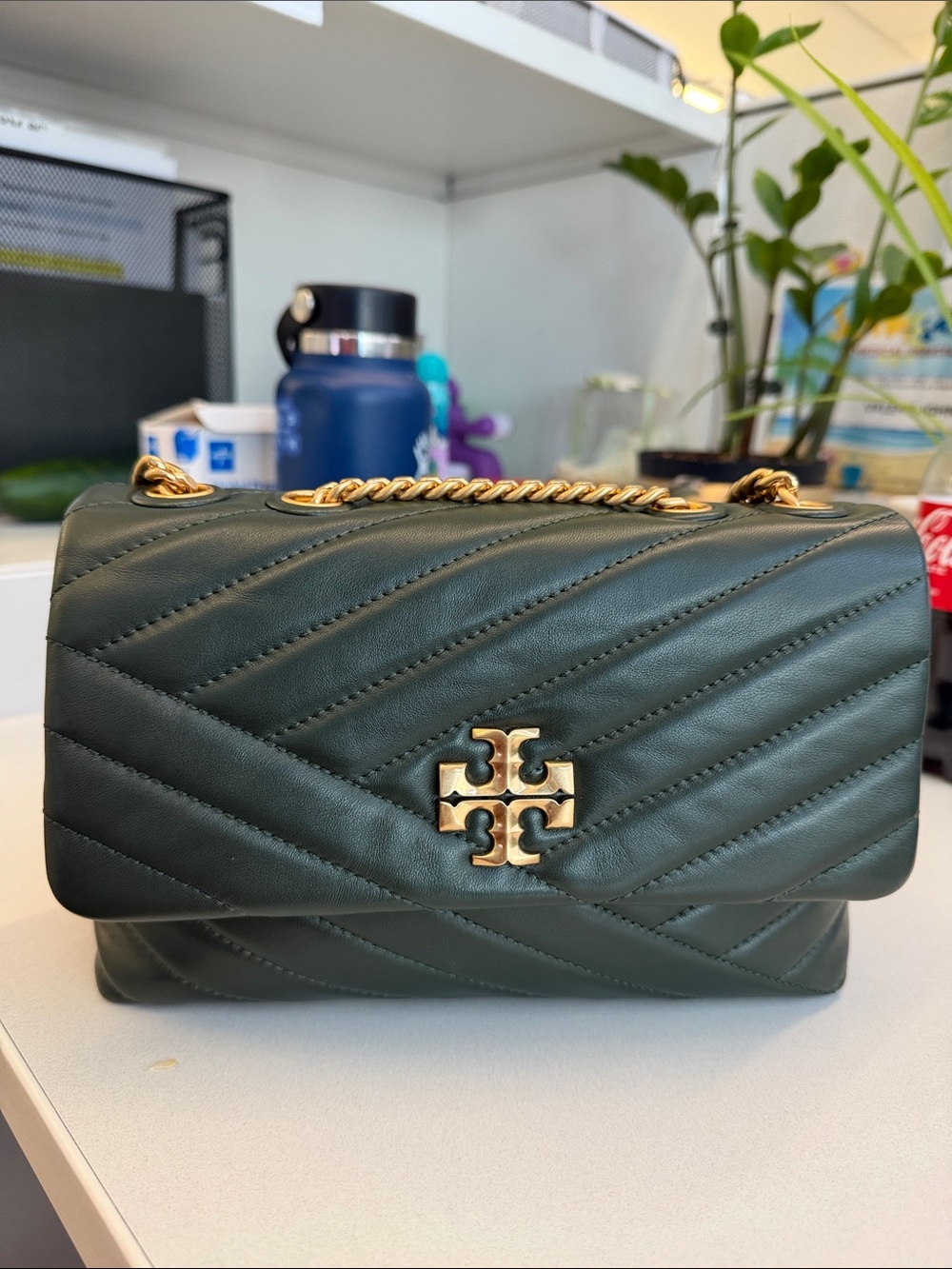 Tory Burch Dark Green Quilted Leather Chain Shoulder Bag with Gold Logo